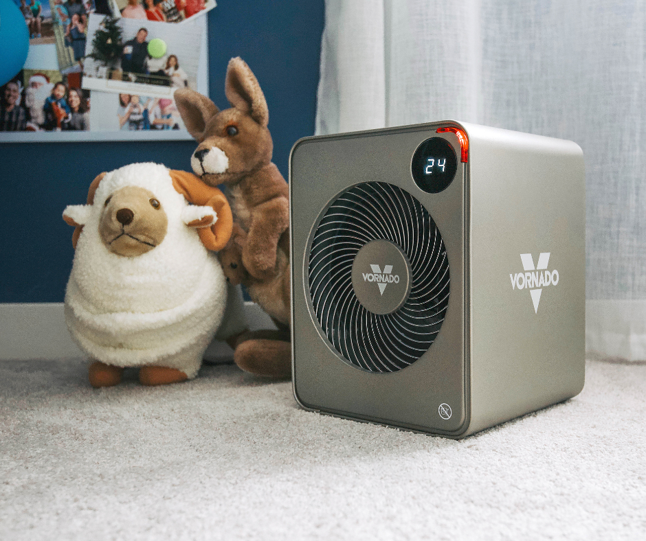 Vornado VMH350 Heater on the floor of a child's bedroom. To left of the heater is one Ram Plush Toy and one Kangaroo Plush Toy.