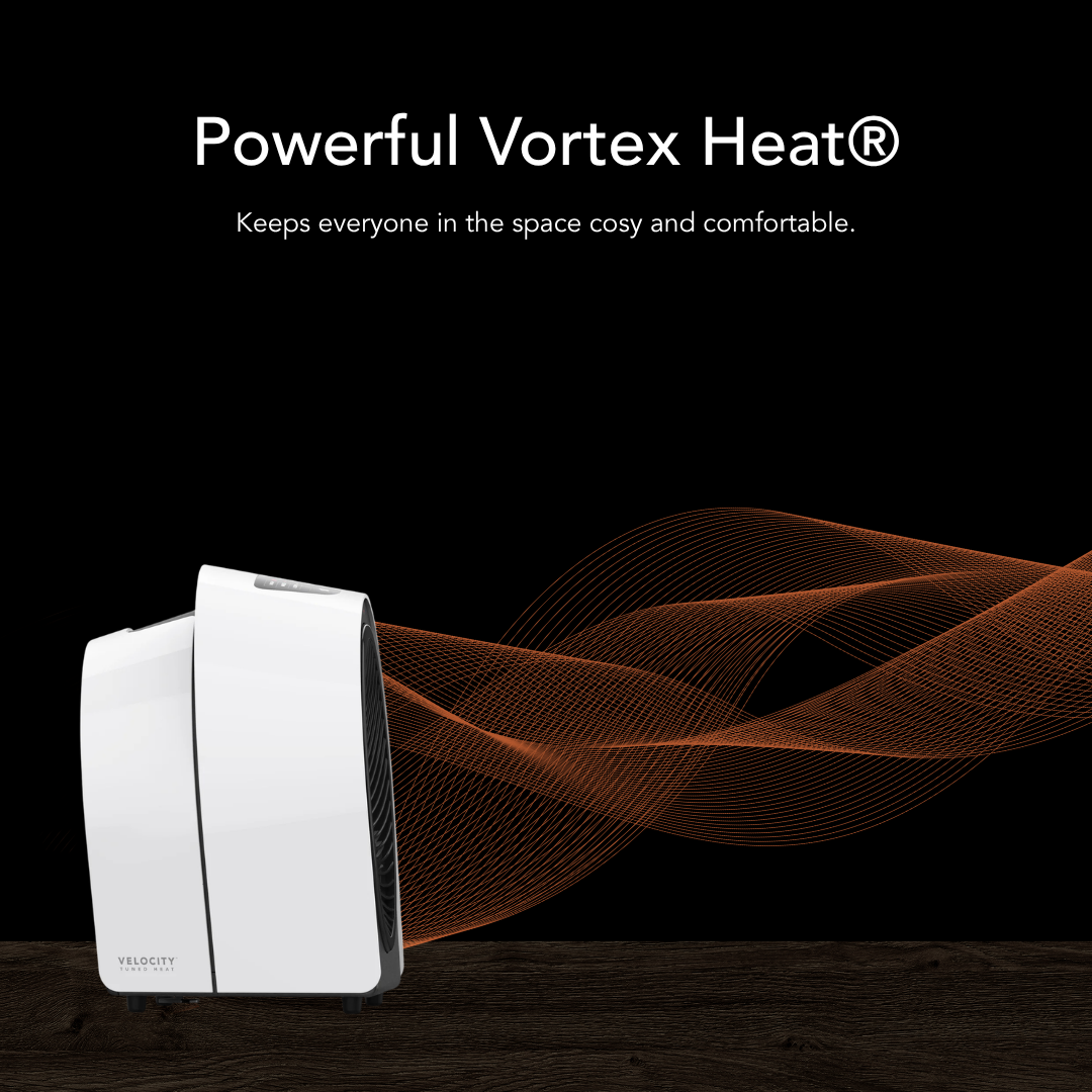 White Vornado Velocity 3R Heater with orange heat waves on a black background, featuring the 'Powerful Vortex Heat' branding.
