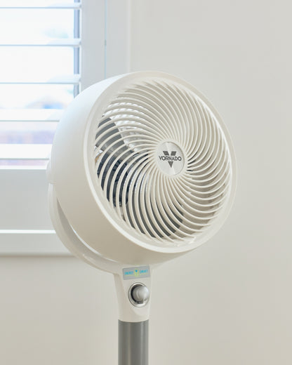 White Vornado 683 Pedestal Air Circulator against a neutral wall with a window in the background