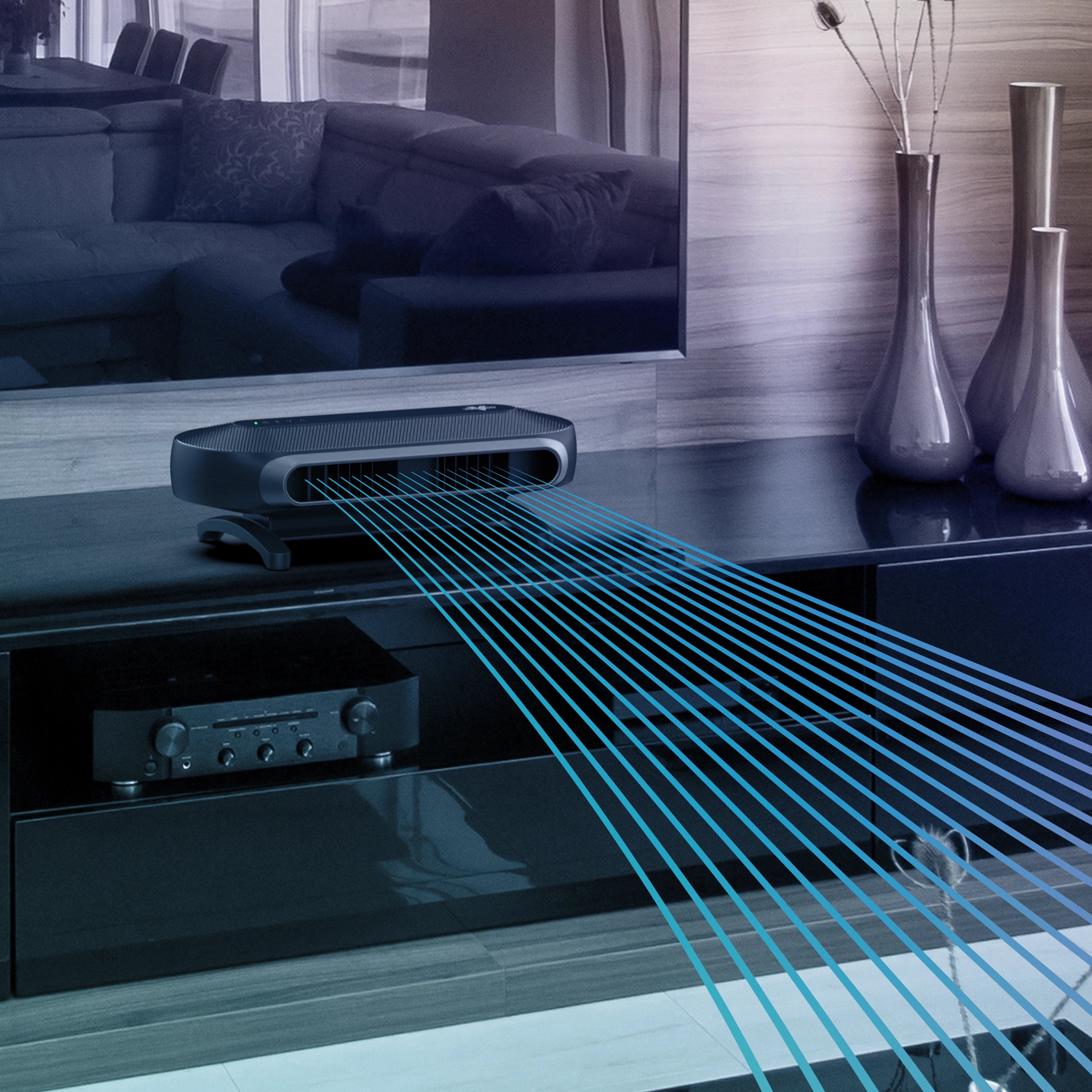 Home theatre setup with a AXL Fan and TV in a living room.