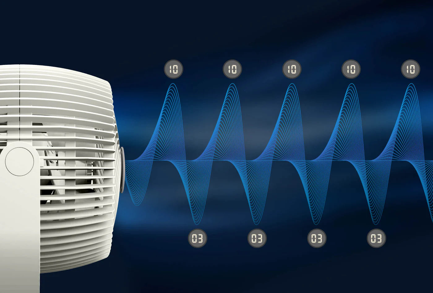 White Vornado fan with air circulation graphics on a dark blue background