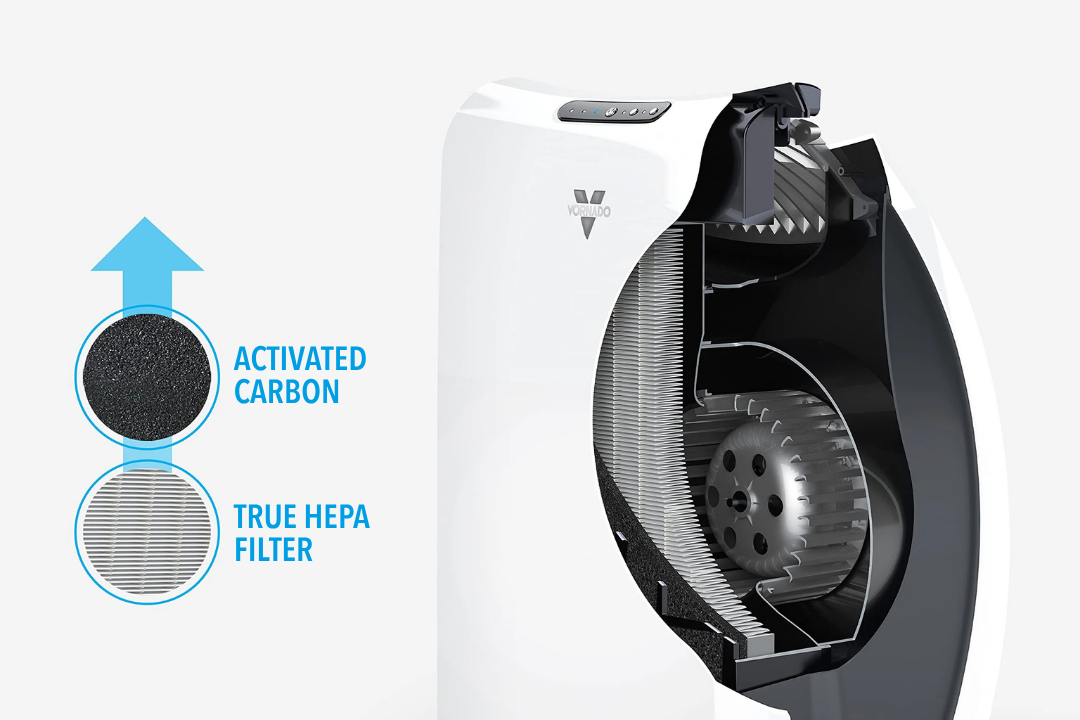 A white and black air purifier shown on a light gray background with a cutaway view revealing internal components. On the left, blue text and circular callouts label the filters as activated carbon and true HEPA filter.