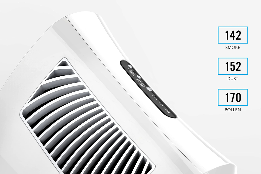 White portable air cleaner shown at an angle with a black vent grille and a digital display panel, alongside three informational badges on the right listing smoke, dust, and pollen counts.